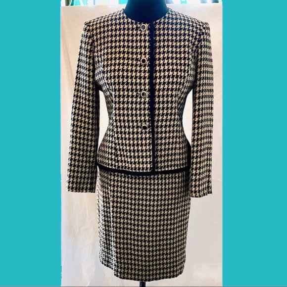 1990s 2 piece Wool Houndstooth Tweed Fully Lined Dress Suit Jacket Skirt perfect - Picture 10 of 10